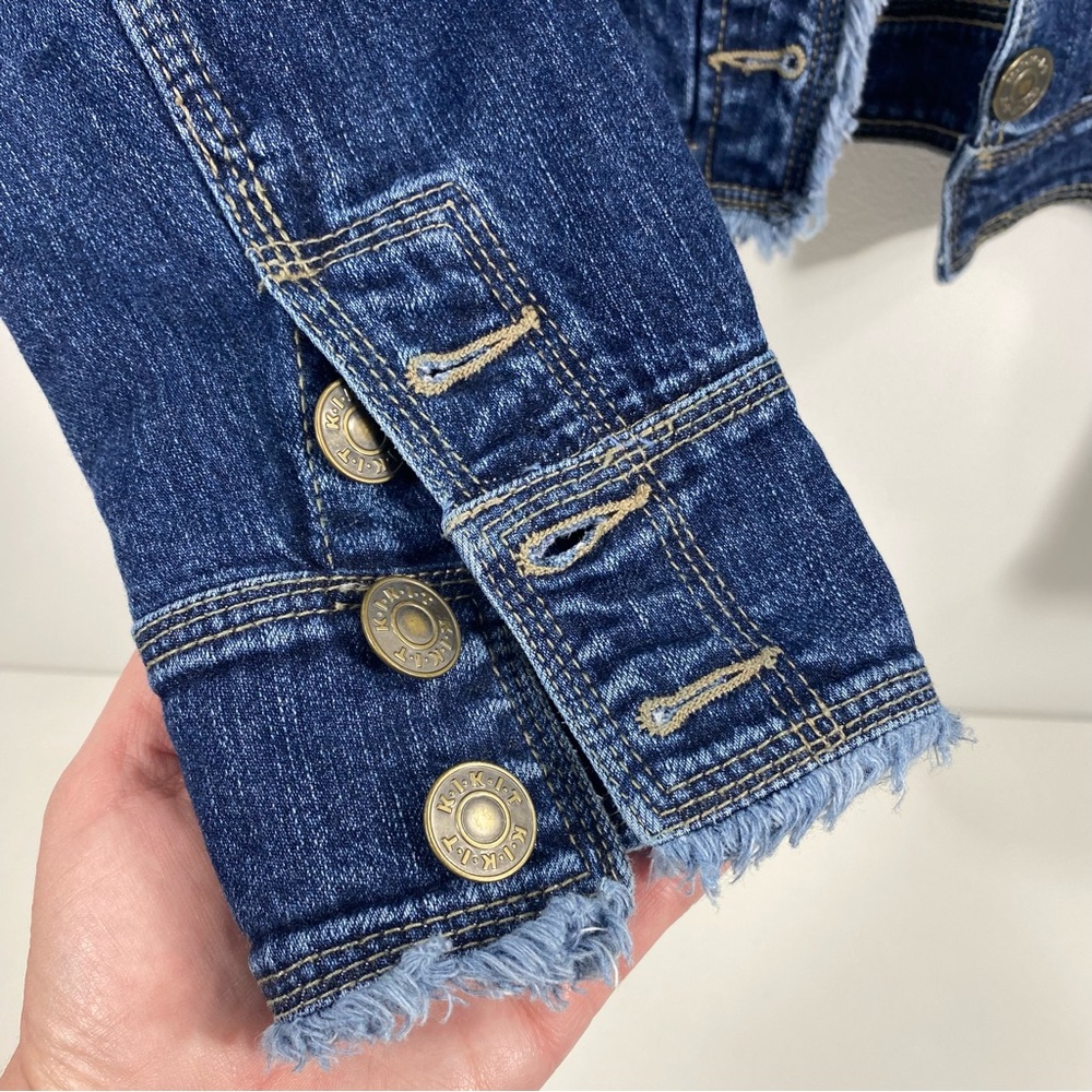 Kikit Jeans Frayed Raw Edge Distressed Trucker Blue Denim Jean Jacket Stretch XL - Picture 4 of 10
